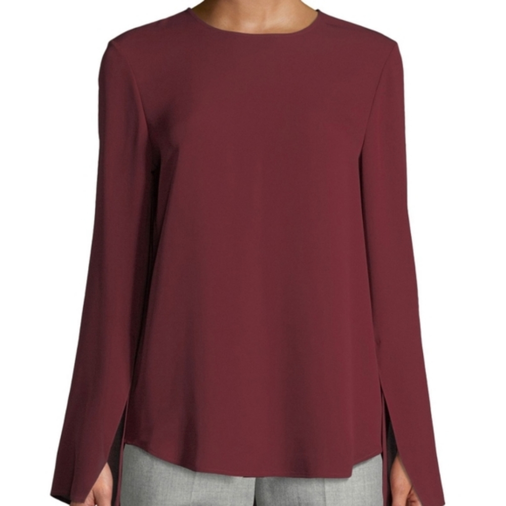 Theory Burgundy Bringham Crewneck Silk Top